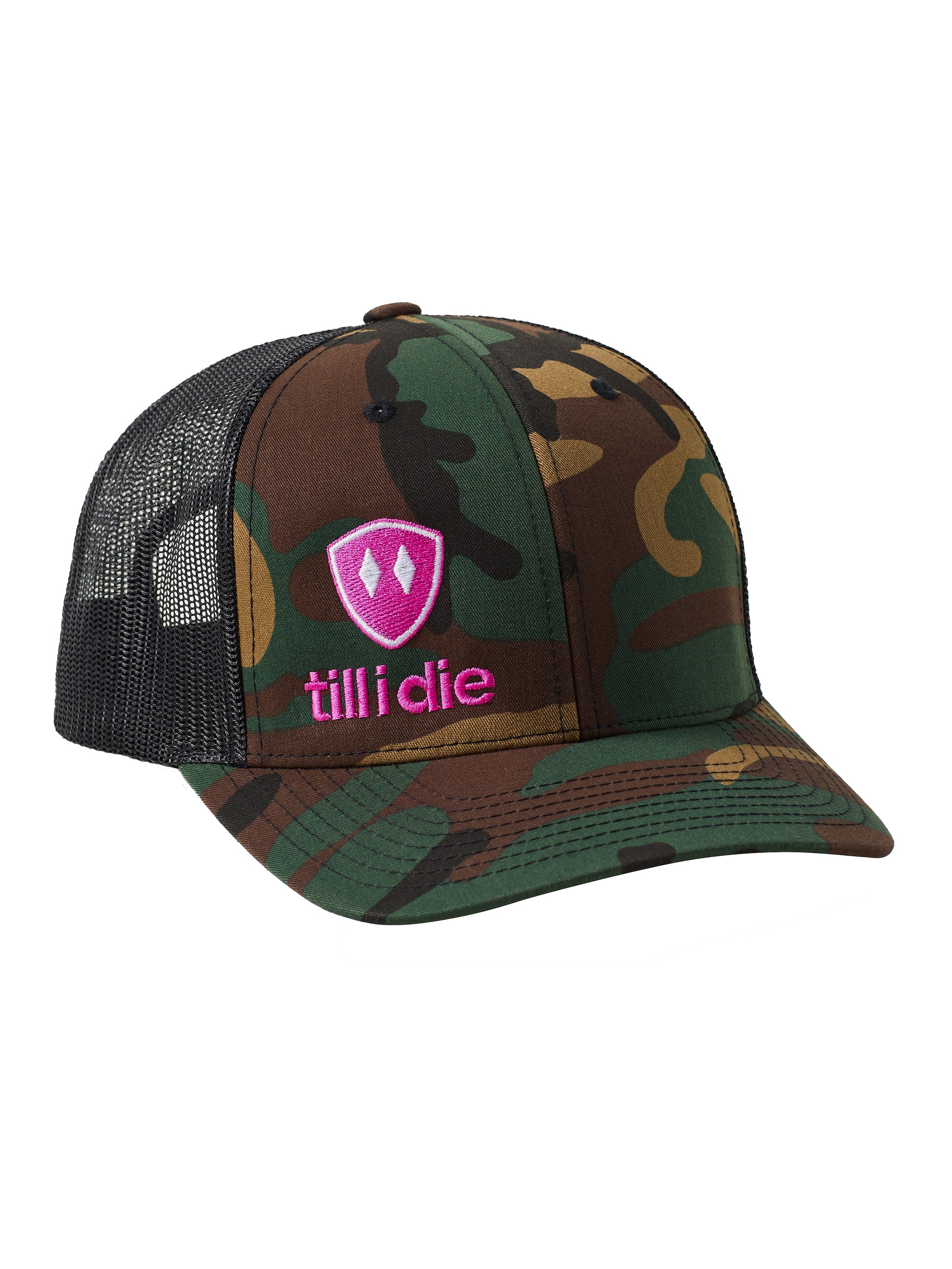 Green Camouflage trucker hat with a hot pink till i die logo embroidered on the front bottom right panel