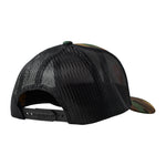 Back of the camouflage trucker hat showing the black mesh back panels and snapback closure