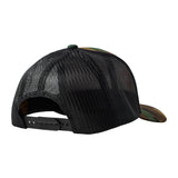Back of the camouflage trucker hat showing the black mesh back panels and snapback closure