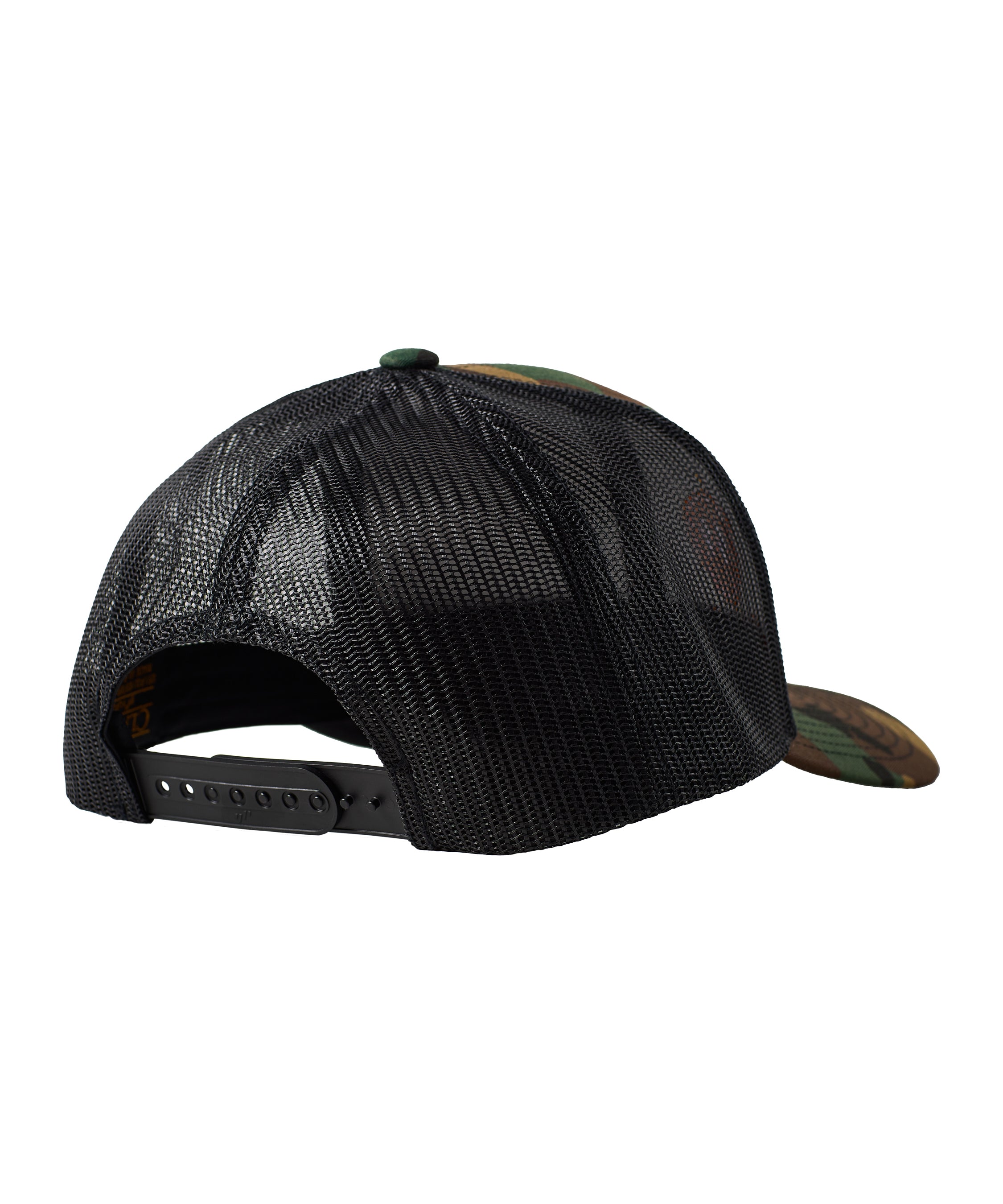 Back of the camouflage trucker hat showing the black mesh back panels and snapback closure