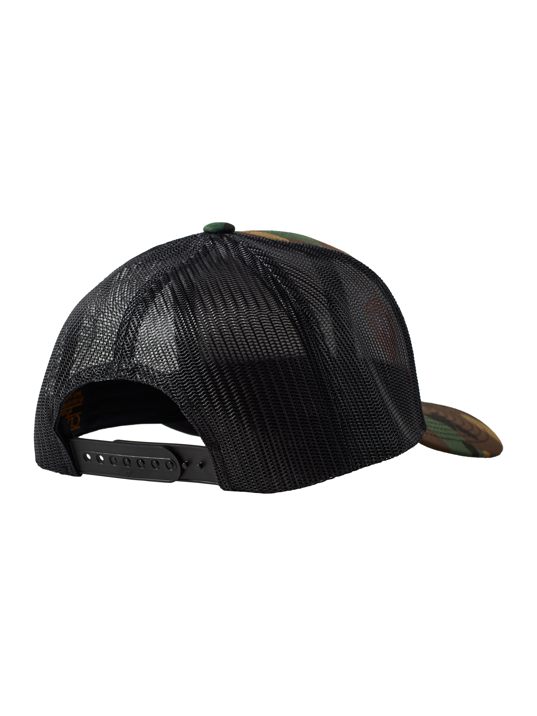 Back of the camouflage trucker hat showing the black mesh back panels and snapback closure