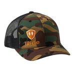 Camouflage trucker hat with the till i die logo in orange embroidered on the bottom right panel