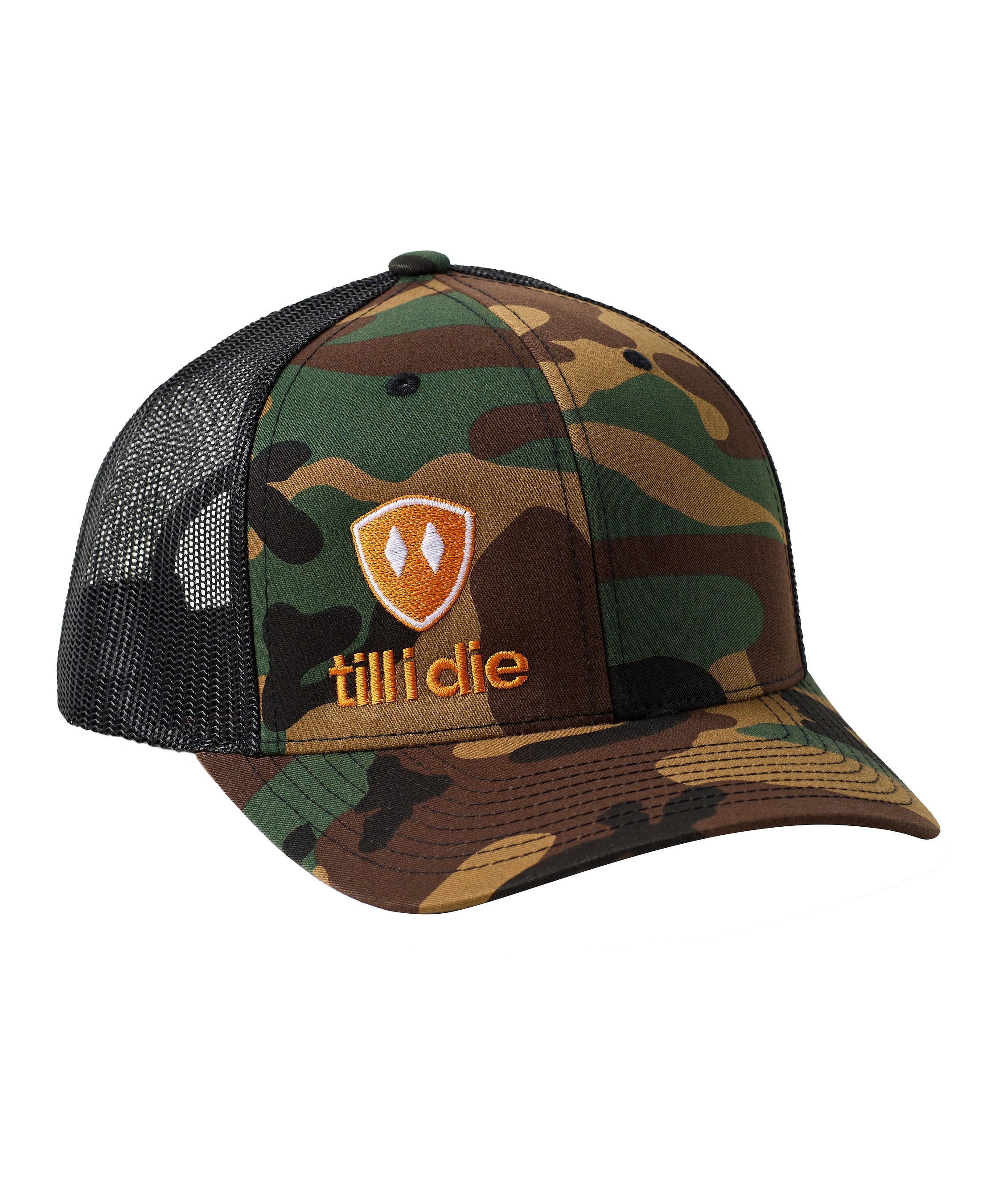 Camouflage trucker hat with the till i die logo in orange embroidered on the bottom right panel