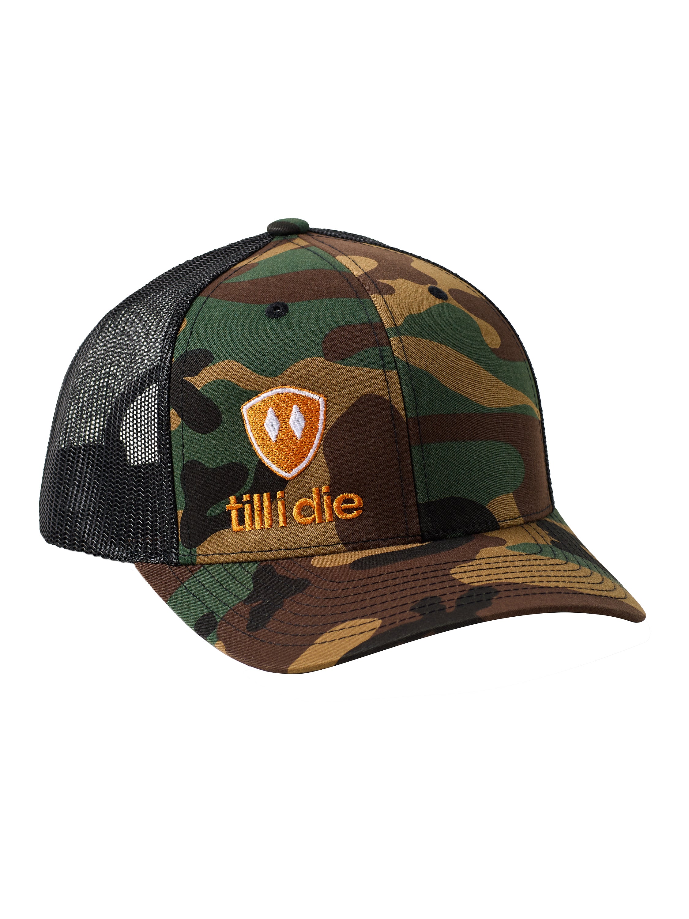 Camouflage trucker hat with the till i die logo in orange embroidered on the bottom right panel