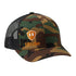 Camouflage trucker hat with the till i die logo in orange embroidered on the bottom right panel