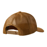 Back of a caramel trucker hat showing the mesh back panels and snapback closure
