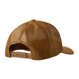 Back of a caramel trucker hat showing the mesh back panels and snapback closure