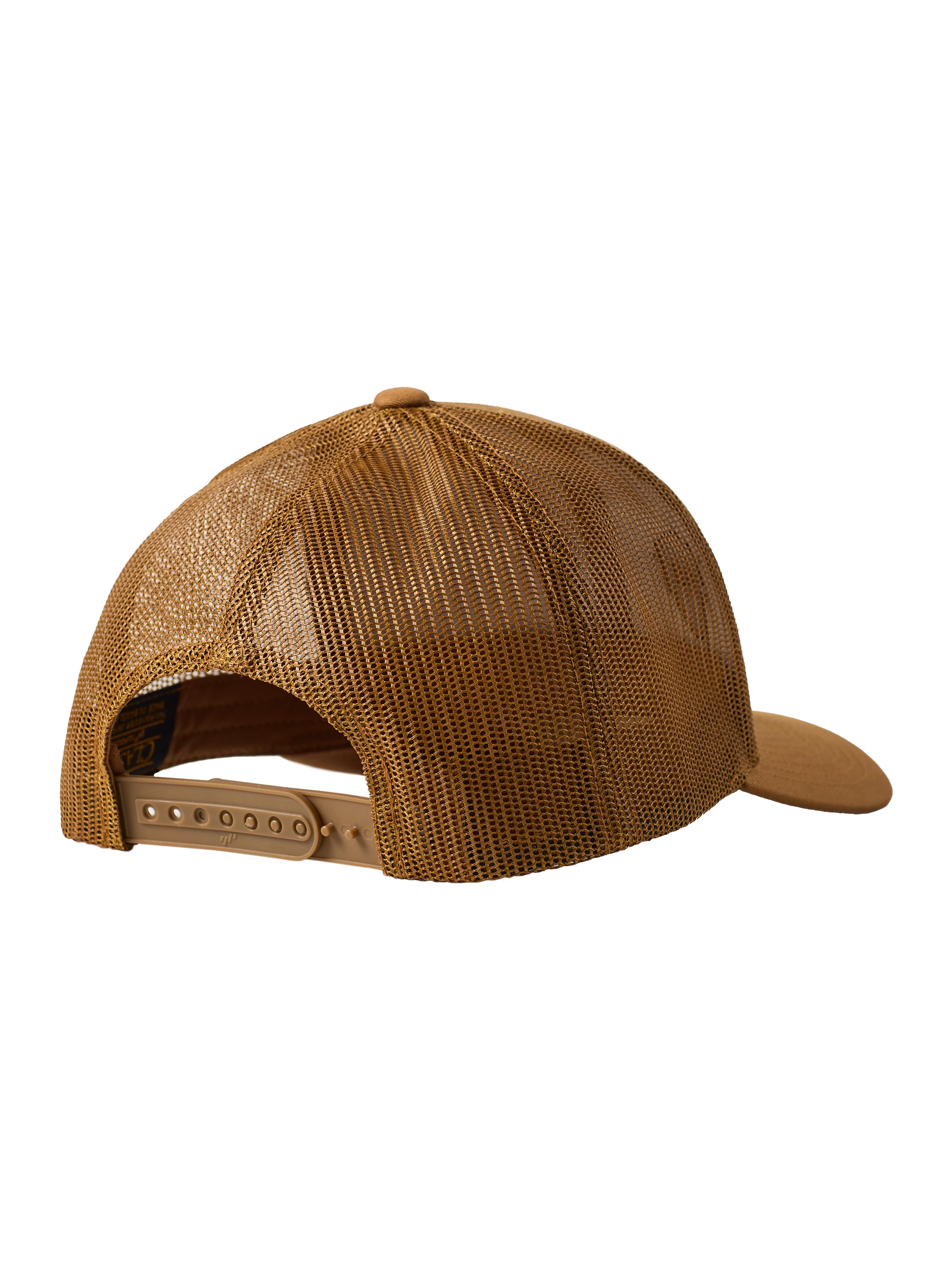Back of a caramel trucker hat showing the mesh back panels and snapback closure