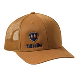 Caramel trucker hat with a navy till i die logo embroidered on the bottom right panel