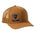 Caramel trucker hat with a navy till i die logo embroidered on the bottom right panel