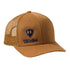 Caramel trucker hat with a navy till i die logo embroidered on the bottom right panel