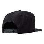 Back of a black flat bill hat showing the snapback closure