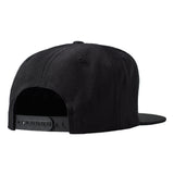 Back of a black flat bill hat showing the snapback closure