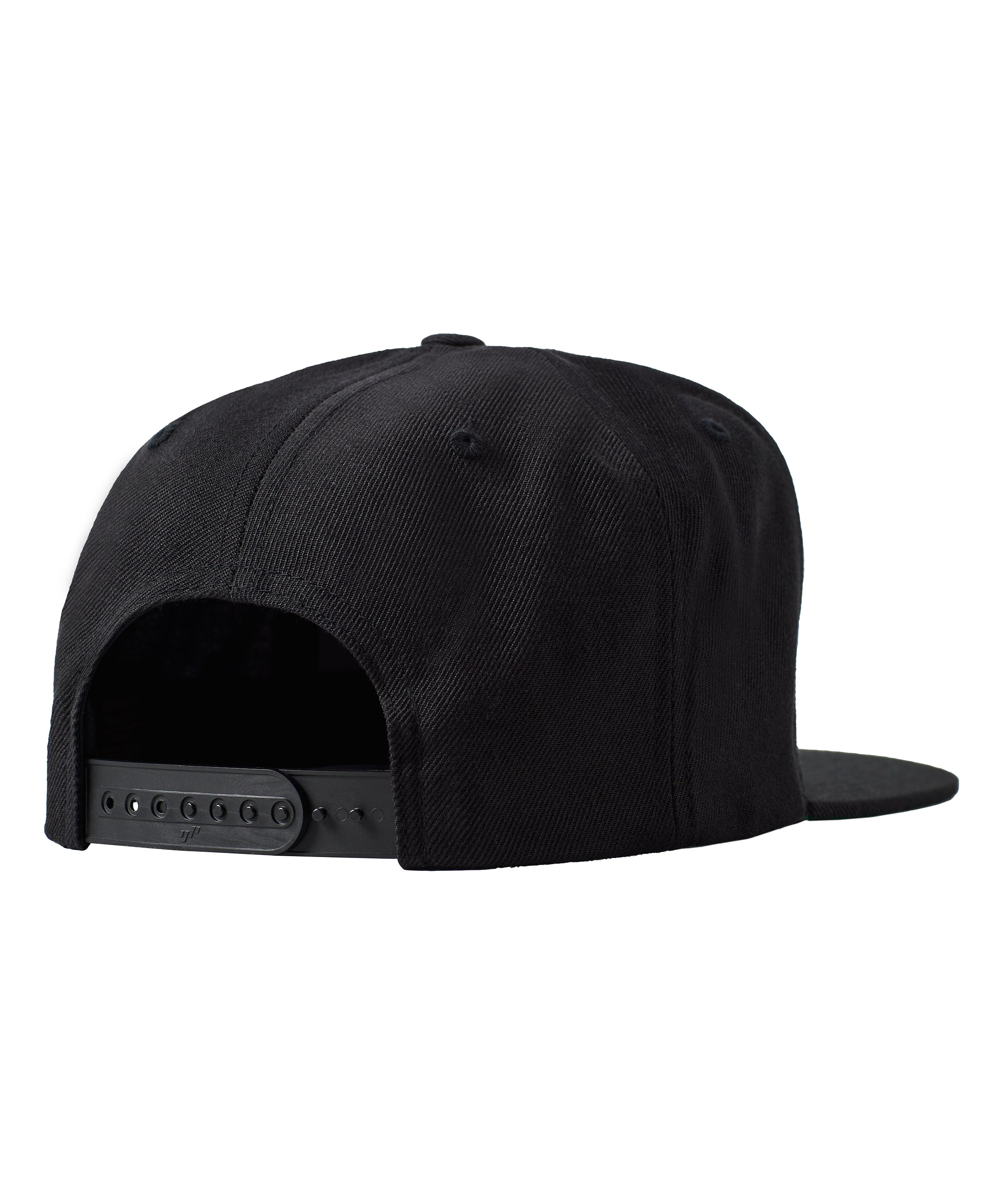 Back of a black flat bill hat showing the snapback closure