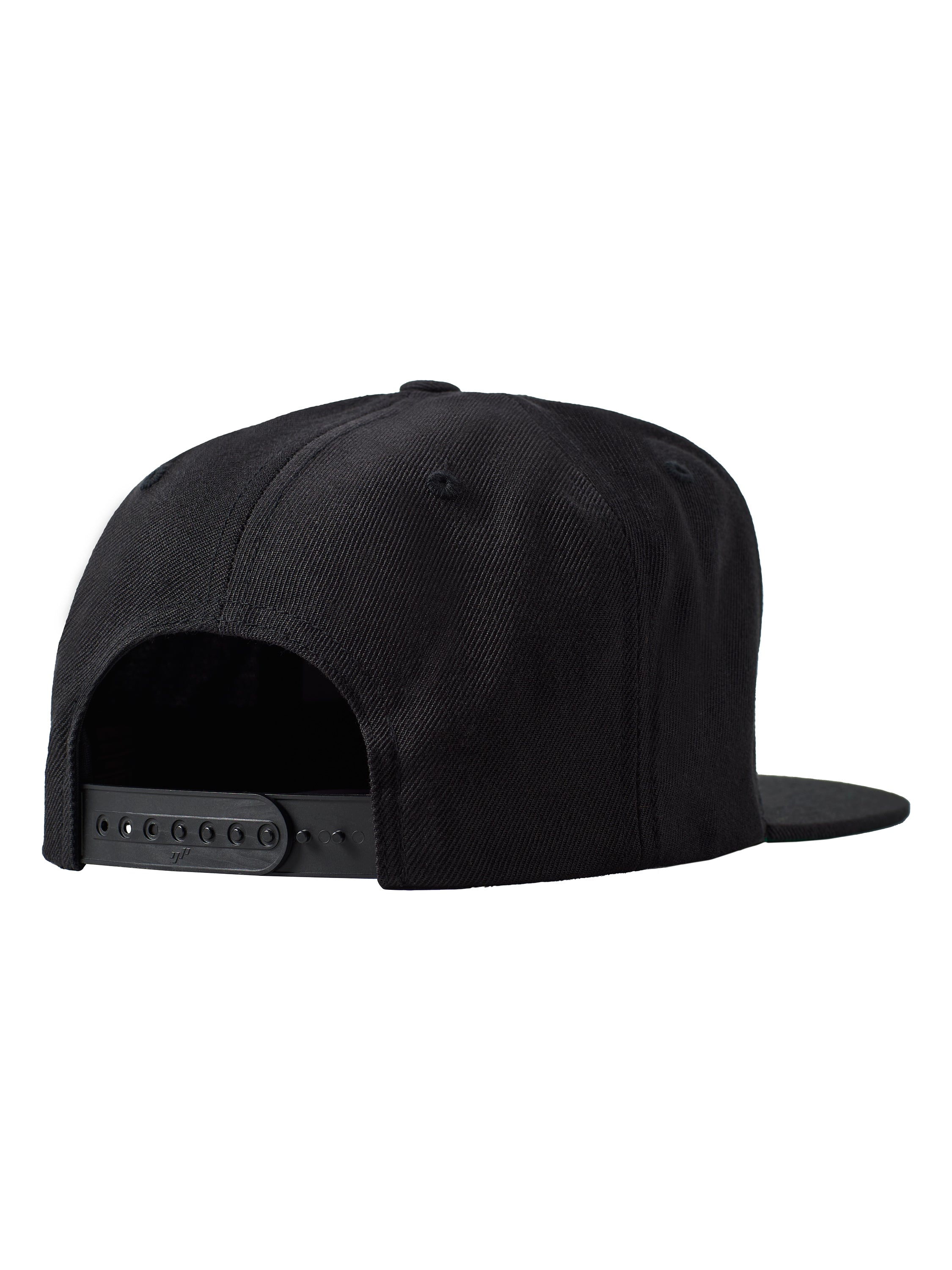 Back of a black flat bill hat showing the snapback closure