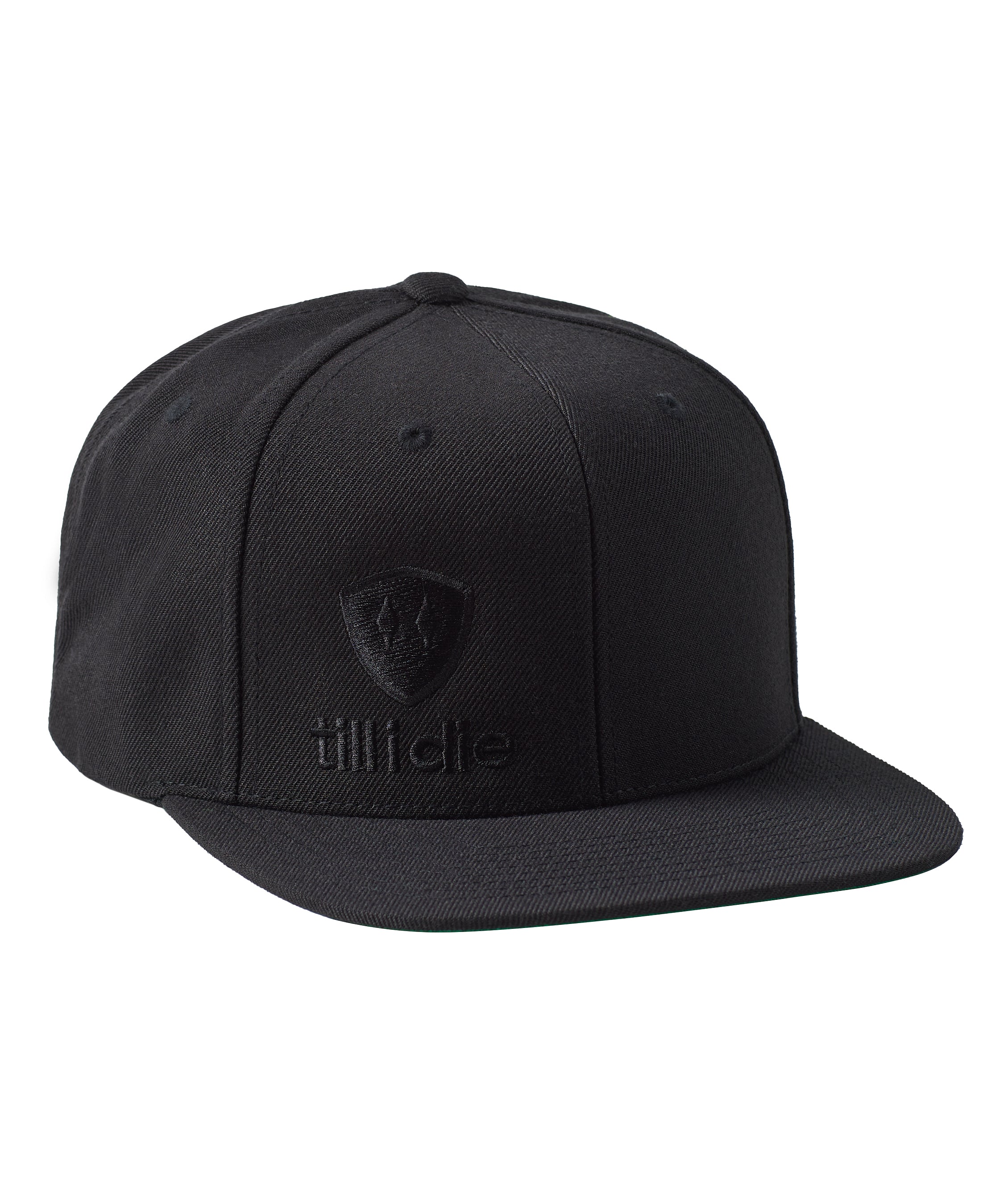 Black flat bill hat with black till i die logo embroidered on bottom right front panel