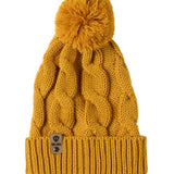 A mustard cable-knit beanie hat with a matching pom-pom on top and a ribbed cuff featuring a Till I Die Logo leather tab, shown against a plain white background.