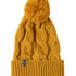 A mustard cable-knit beanie hat with a matching pom-pom on top and a ribbed cuff featuring a Till I Die Logo leather tab, shown against a plain white background.