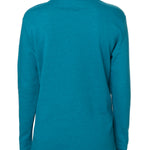 Back view of a female model wearing a heather teal hoodie on a white background