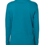 Back view of a female model wearing a heather teal hoodie on a white background