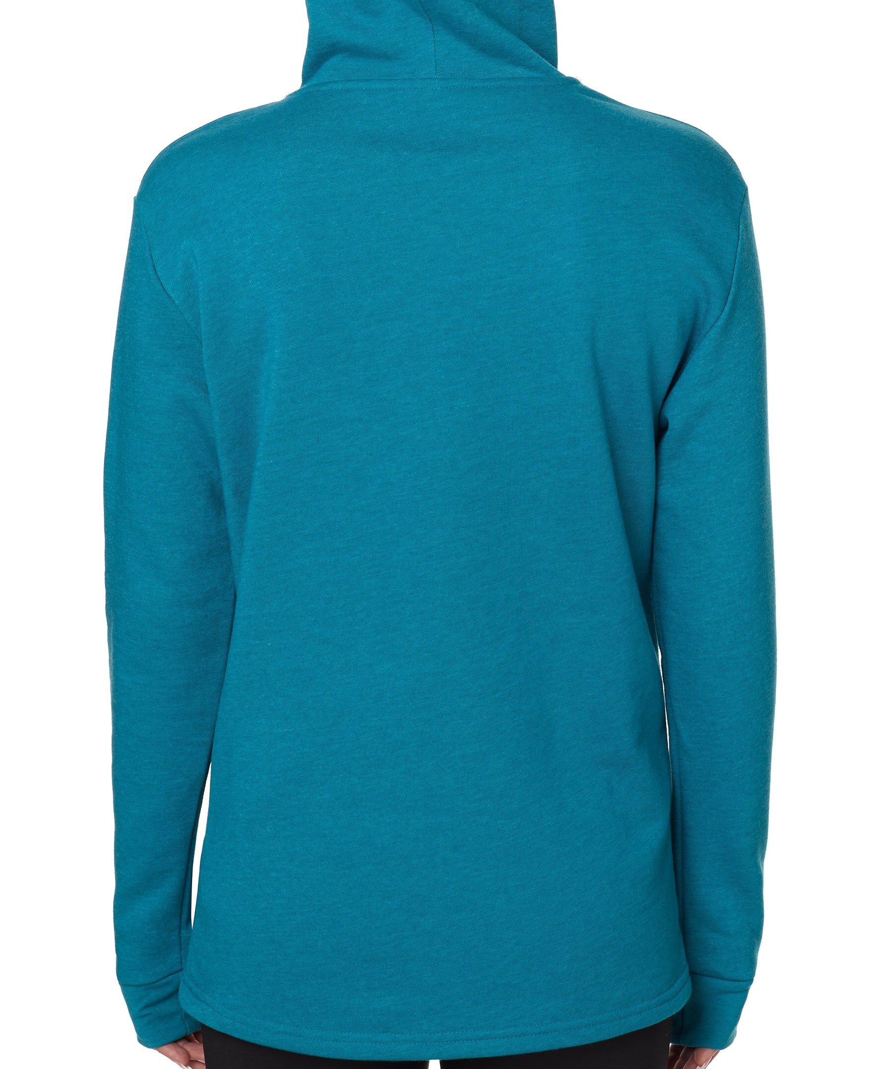 Back view of a female model wearing a heather teal hoodie on a white background