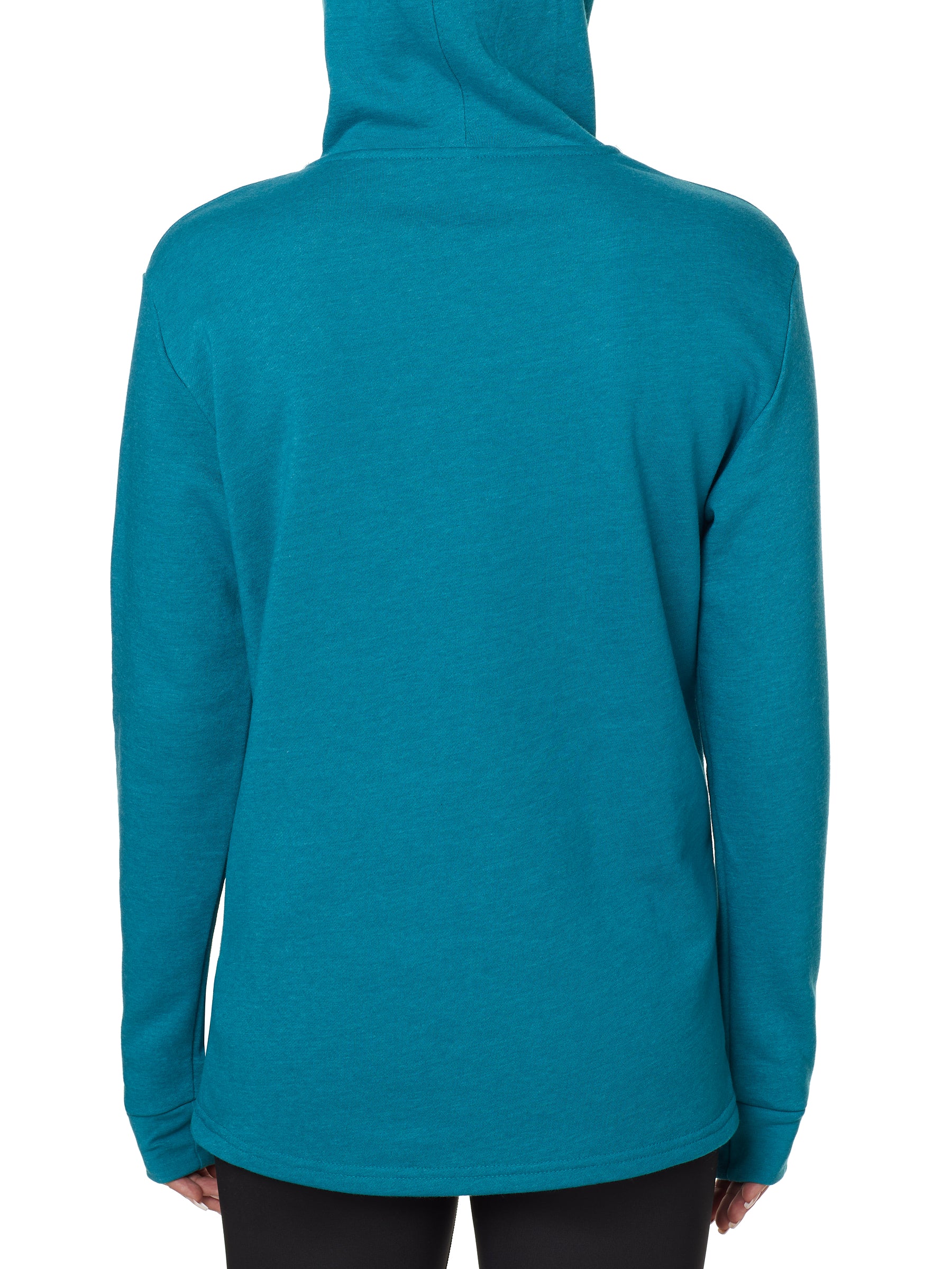 Back view of a female model wearing a heather teal hoodie on a white background