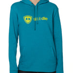 Front view of a female model wearing the Heather Teal Logo Hoodie on a white background. Features a bold bright yellow “Till I Die” logo printed across the chest, separated welt front pockets, and dyed-to-match drawstrings.