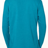 Back view of a male model wearing a heather teal hoodie on a white background
