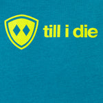 detail view of a bright yellow till i die logo on a heather teal hoodie
