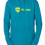 Front view of a male model wearing the Heather Teal Logo Hoodie on a white background. Features a bold bright yellow “Till I Die” logo printed across the chest, separated welt front pockets, and dyed-to-match drawstrings.