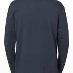 Back view of a male model wearing a heather navy hoodie on a white background