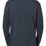 Back view of a male model wearing a heather navy hoodie on a white background