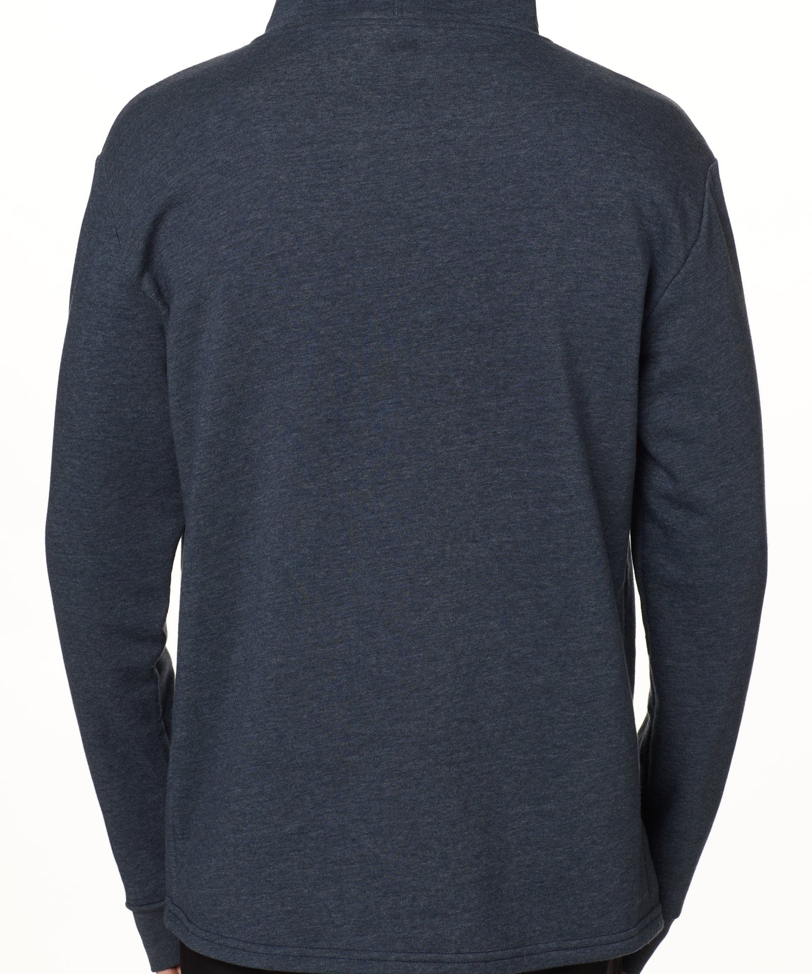 Back view of a male model wearing a heather navy hoodie on a white background