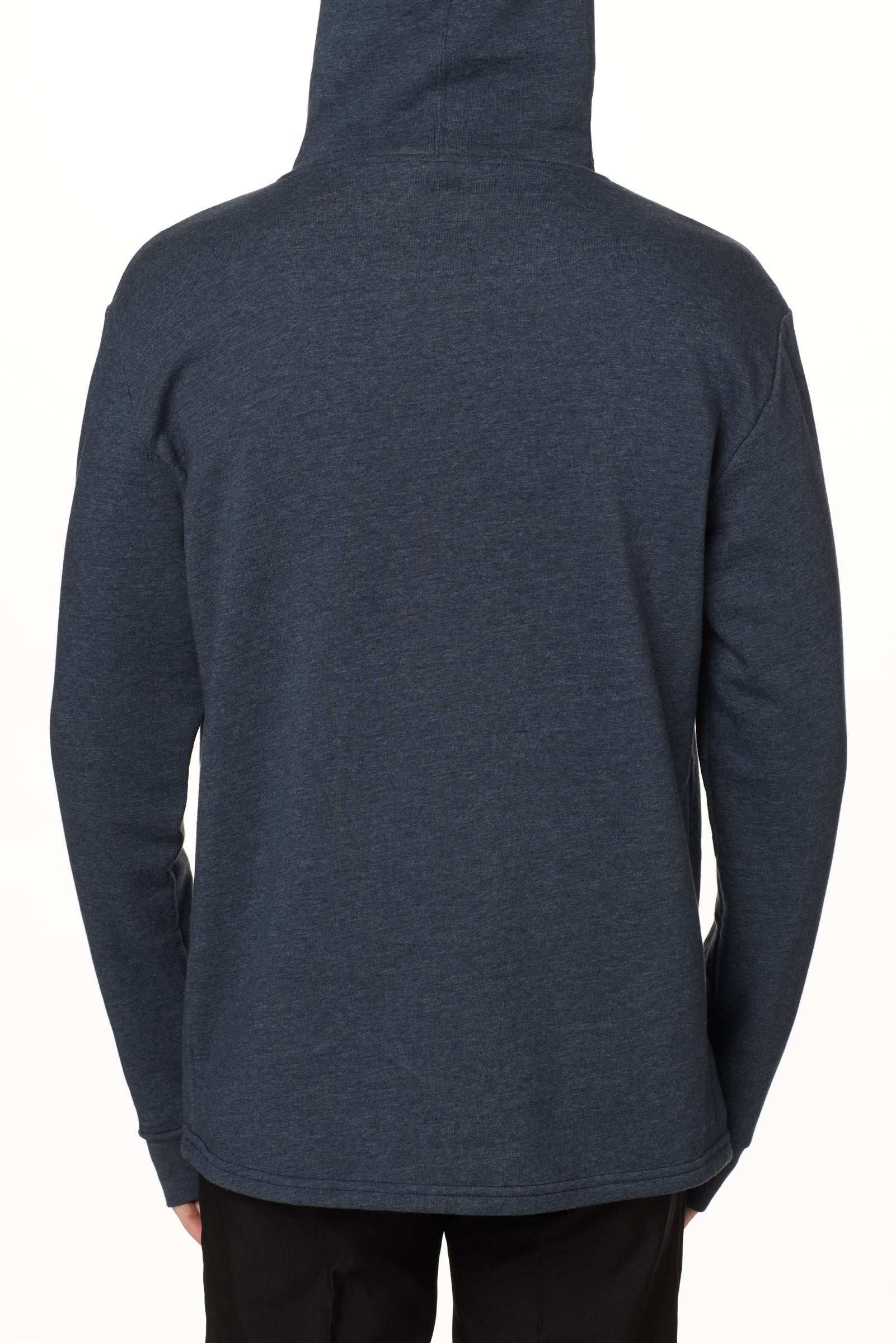 Back view of a male model wearing a heather navy hoodie on a white background