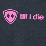 detail view of a bright pink till i die logo on a heather navy hoodie