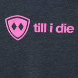detail view of a bright pink till i die logo on a heather navy hoodie