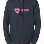 Front view of a male model wearing the Heather Navy Logo Hoodie on a white background. Features a bold bright pink “Till I Die” logo printed across the chest, separated welt front pockets, and dyed-to-match drawstrings.