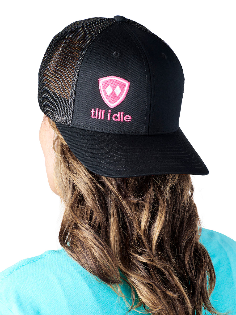 Till I Die Logo // Classic Trucker Hat // Black + Neon Pink & White