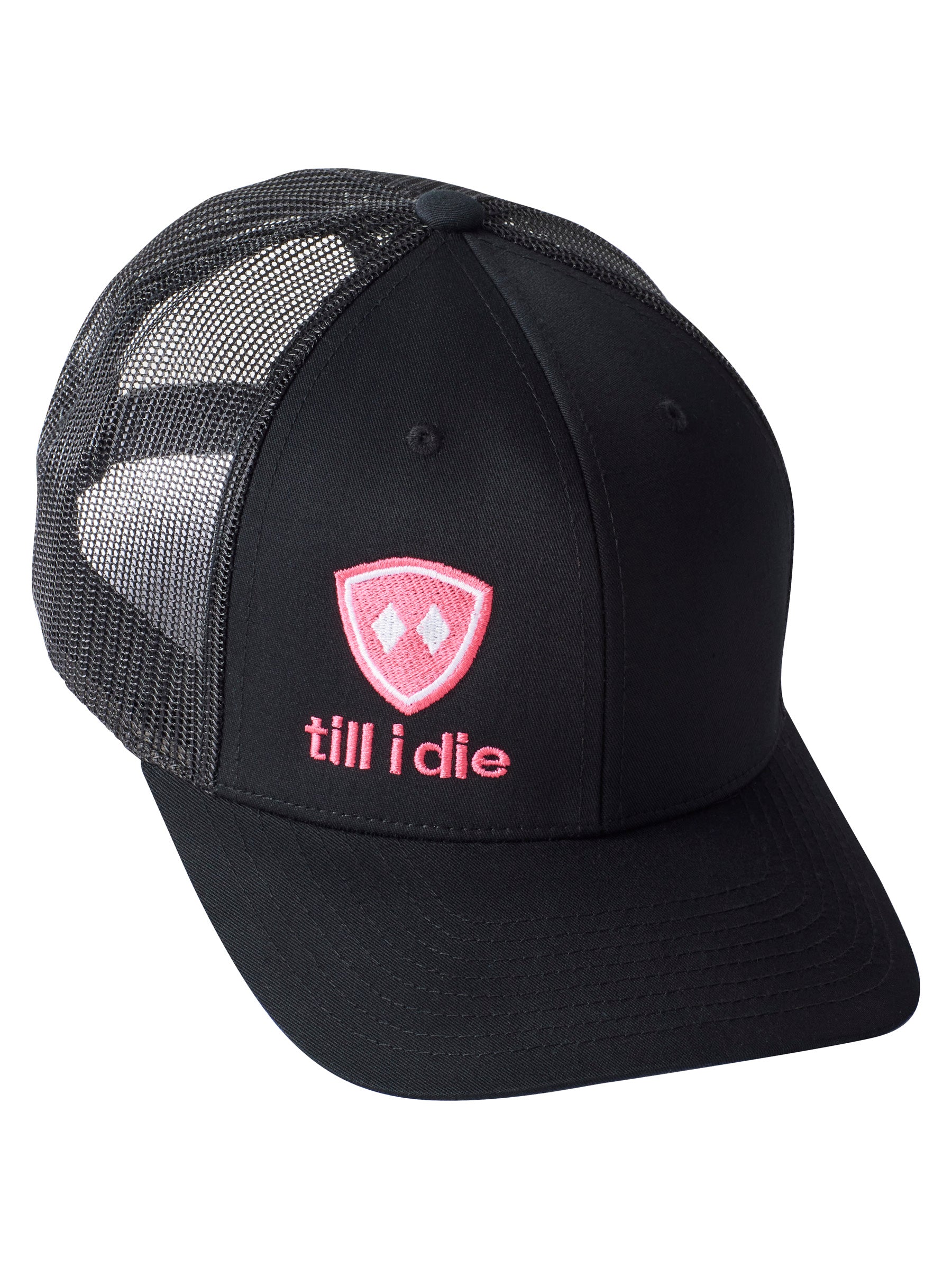 Till I Die Logo // Classic Trucker Hat // Black + Neon Pink & White
