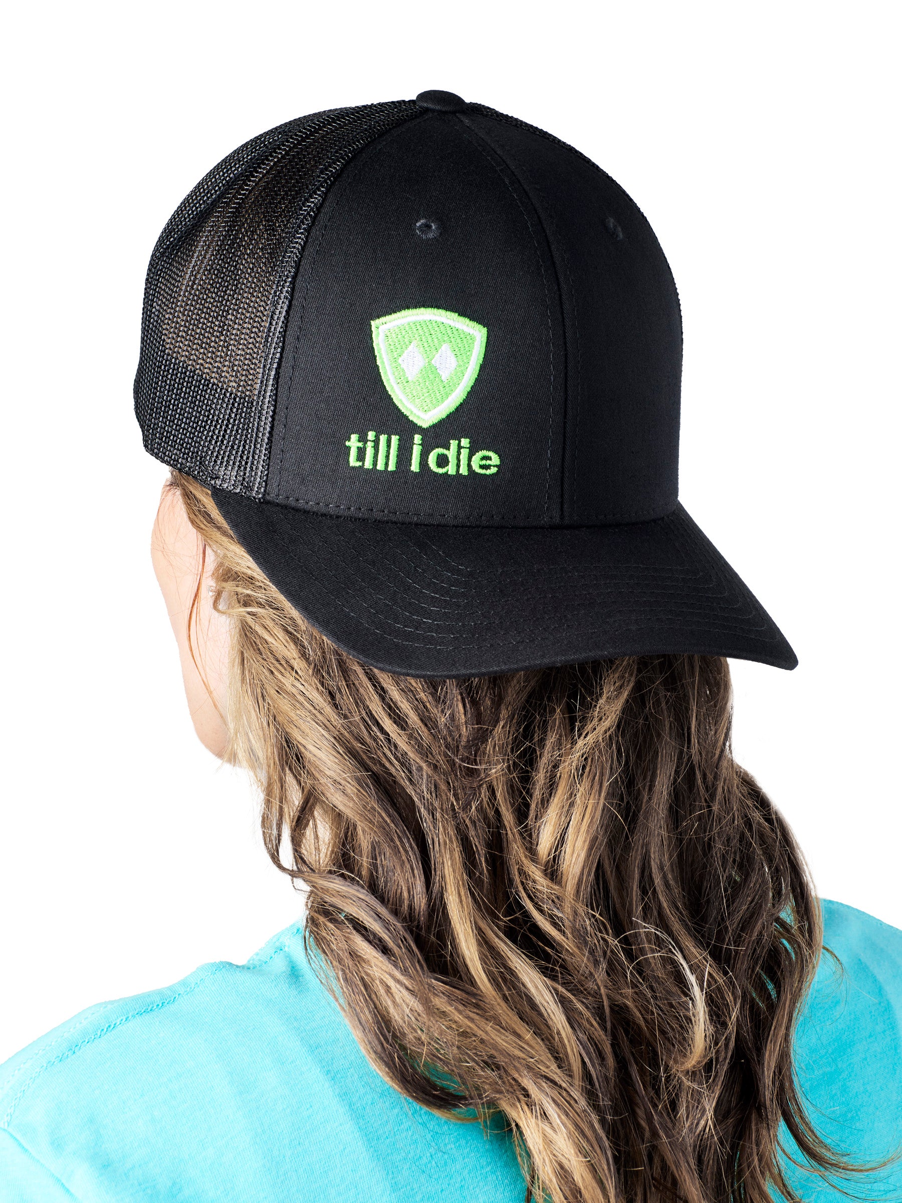 Till I Die Logo // Classic Trucker Hat // Black + Neon Green & White
