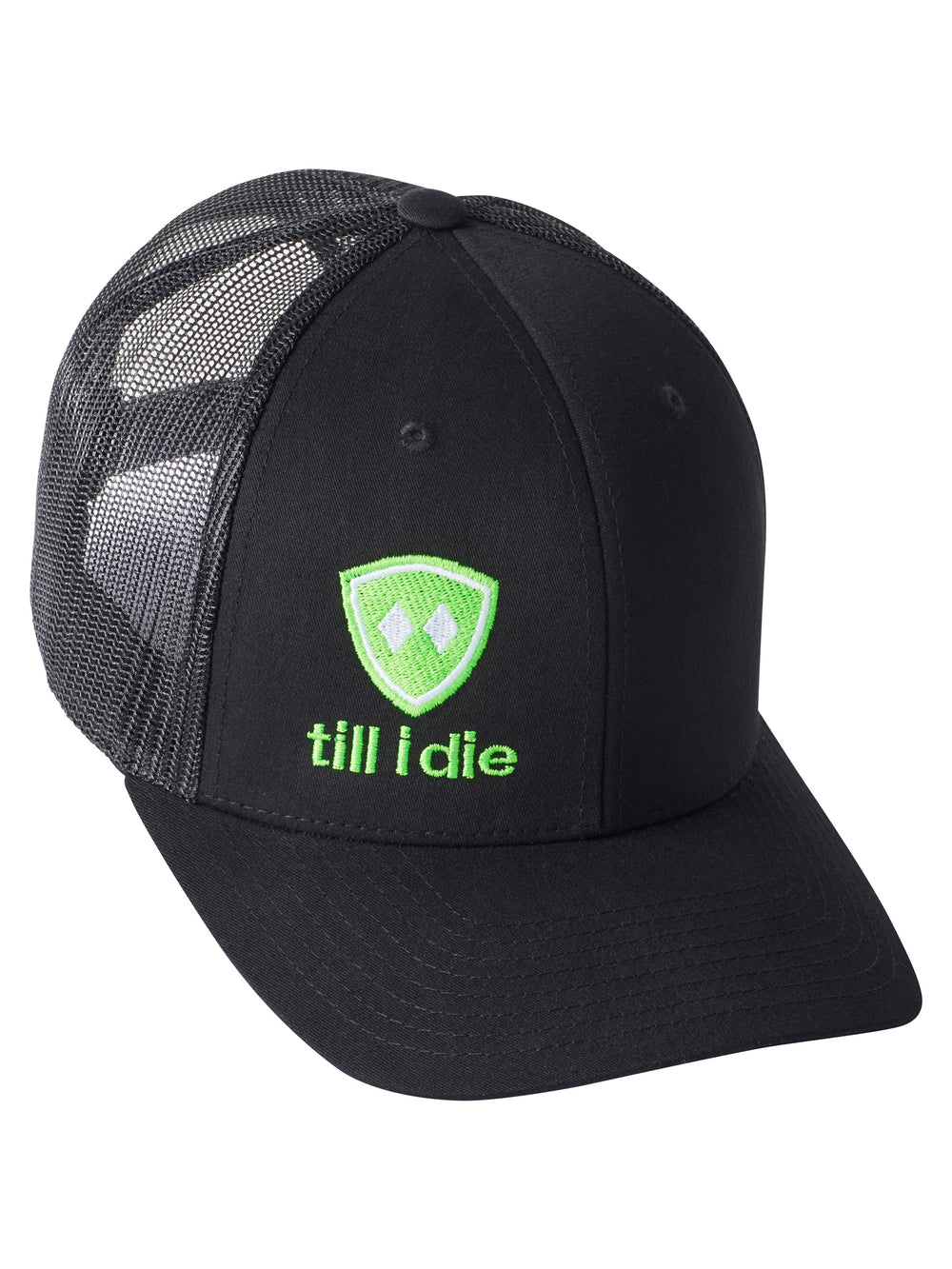 Till I Die Logo // Classic Trucker Hat // Black + Neon Green & White