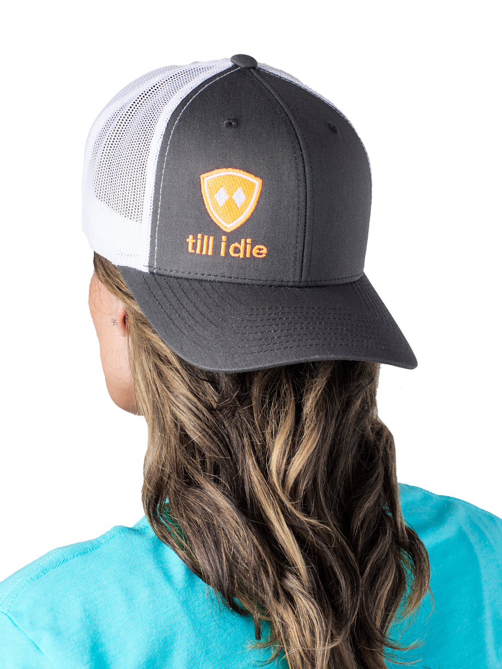 Till I Die Logo // Classic Trucker Hat // Charcoal + Neon Orange + White