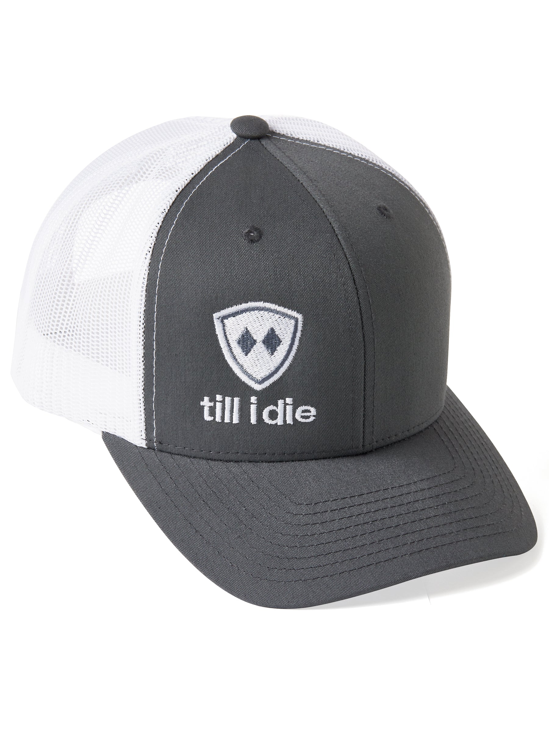 Till I Die Logo // Classic Trucker Hat // Charcoal + White & Gray