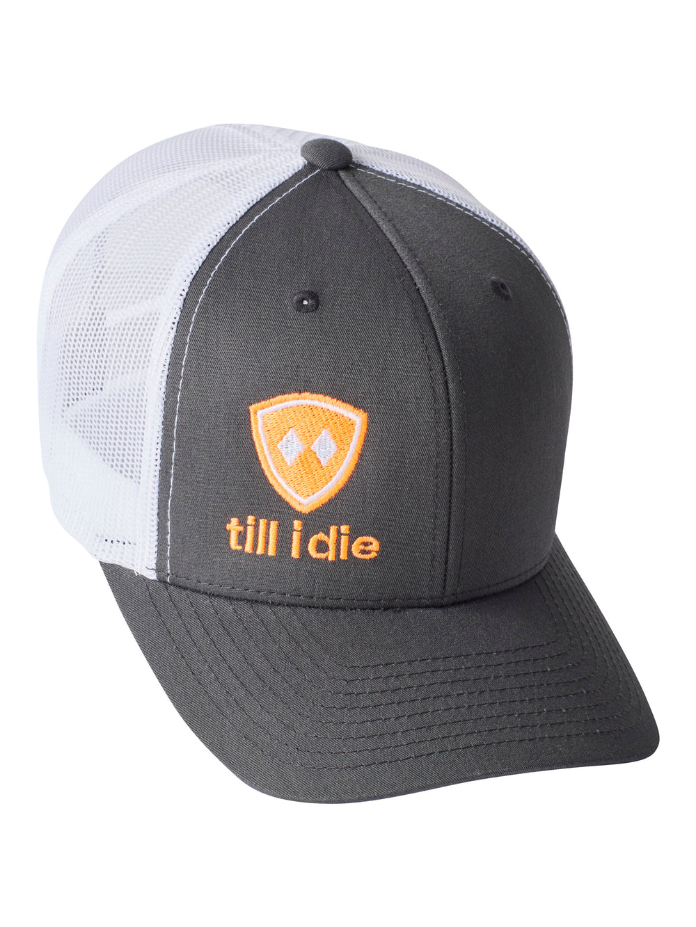 Till I Die Logo // Classic Trucker Hat // Charcoal + Neon Orange + White