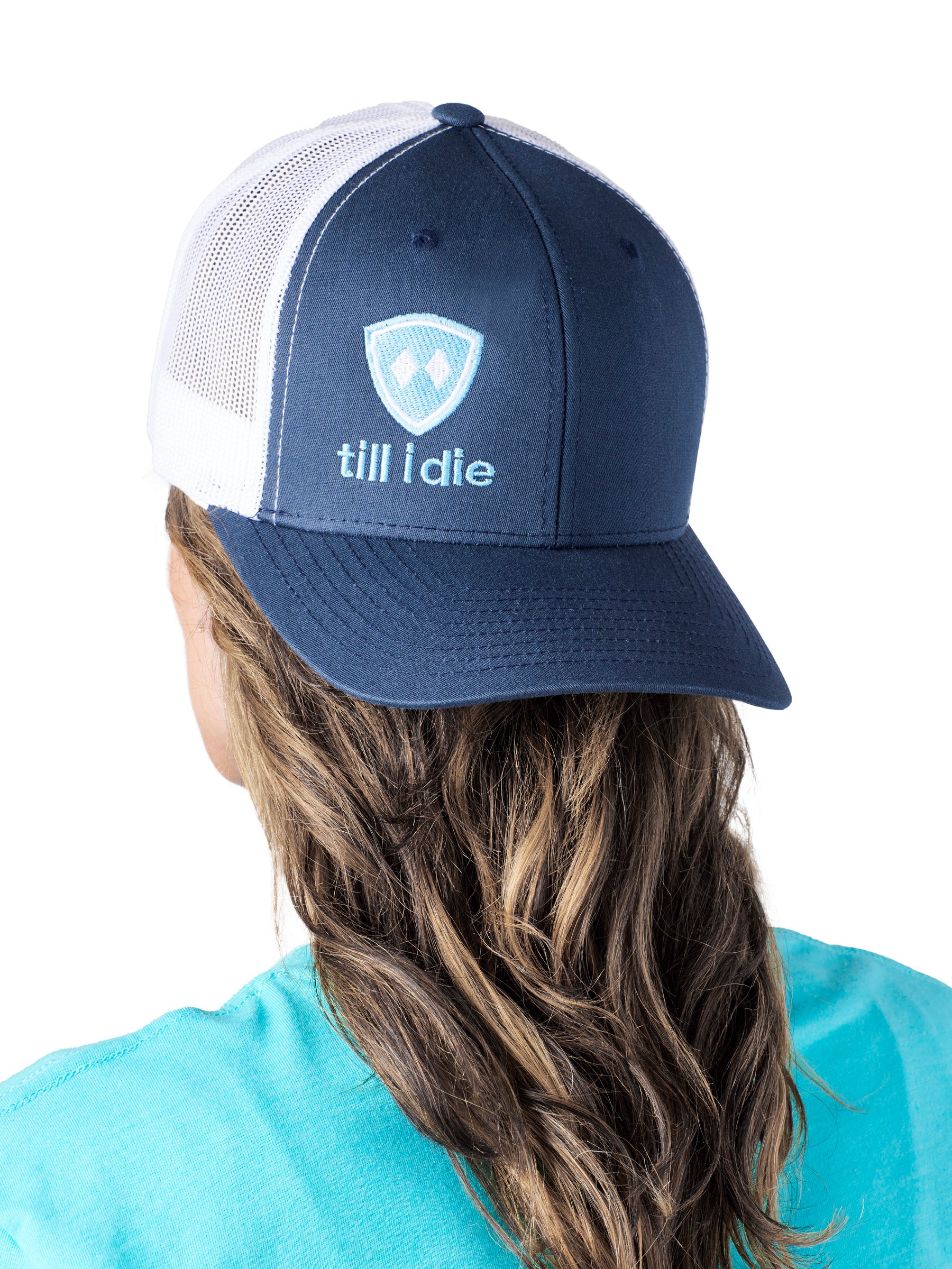Till I Die Logo // Classic Trucker Hat // Navy with Light Blue & White