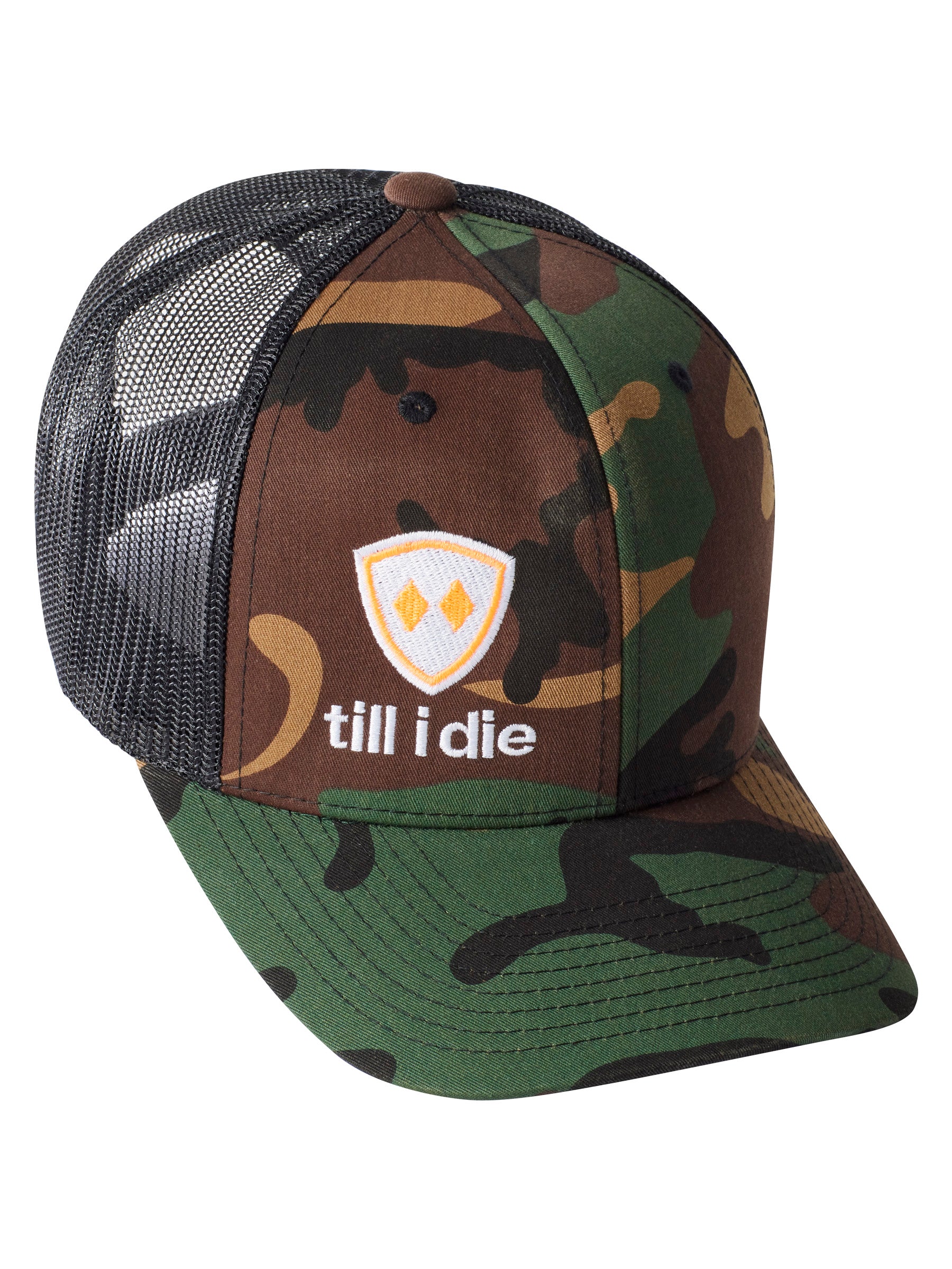 Till I Die Logo // Classic Trucker Hat // Camo + Neon Orange