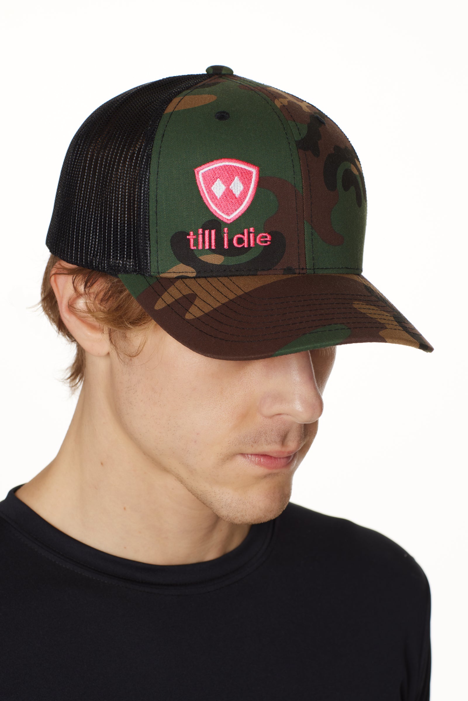 Till I Die Logo // Classic Trucker Hat // Camo + Neon Pink