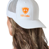 Till I Die® Logo // Classic Trucker Hat // White + Neon Orange & White