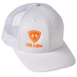 Till I Die® Logo // Classic Trucker Hat // White + Neon Orange & White