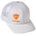WHITE TRUCKER HAT WITH ORANGE LOGO ON A WHITE BACKGROUND